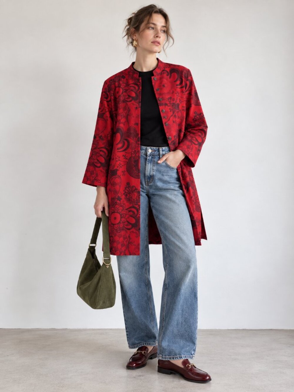 Vintage Chico’s Design Red Floral Art to Wear Long Jacket Coat Size 8/M